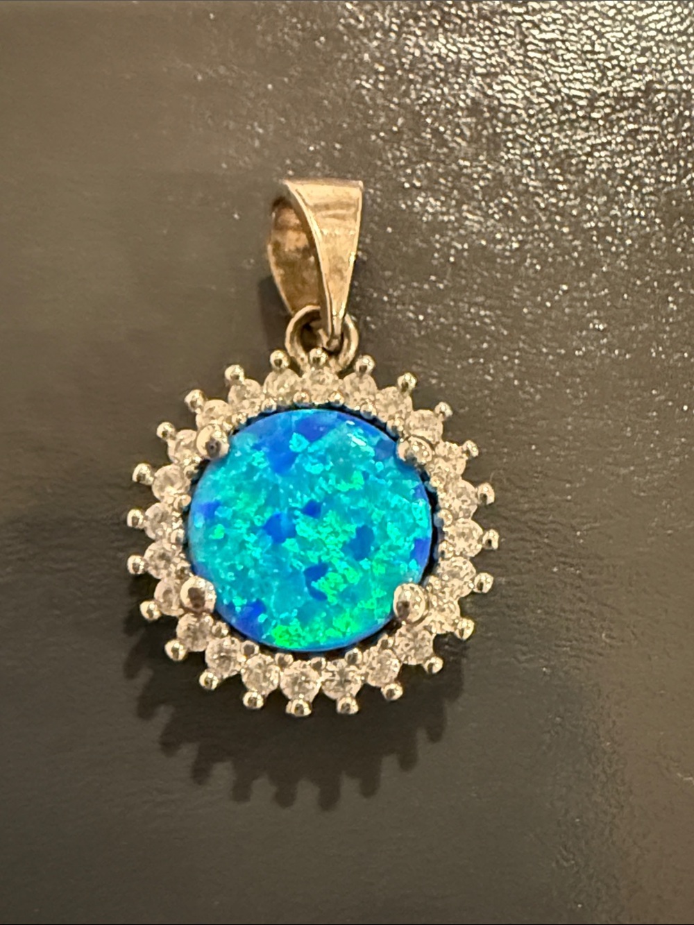 Blue Opal Halo Pendant in Sterling Silver